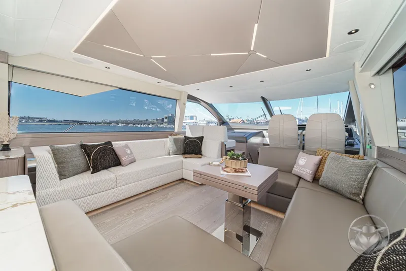 Slide: The Image of Luxurious interior of 2025 Sunseeker Manhattan 68 yacht with modern seating and panoramic views. - 47