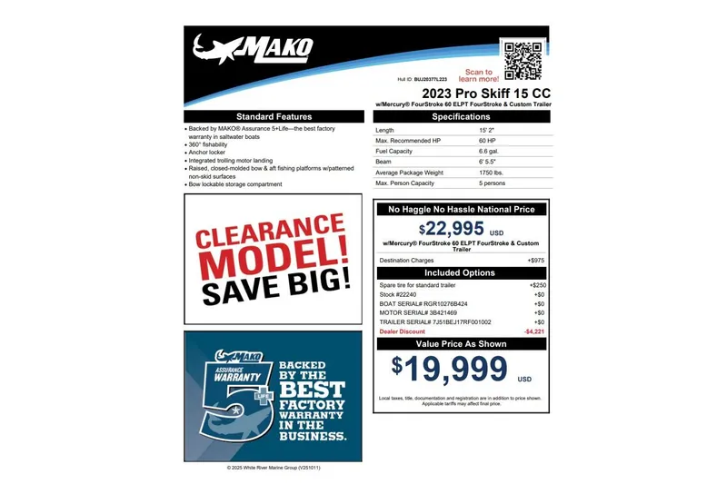 Slide: The Image of 2023 Mako Pro Skiff 15 CC boat advertisement with pricing and specifications. - 10