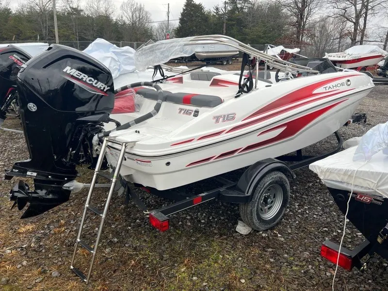 The Image of 2023 Tahoe T16 boat with Mercury outboard motor on trailer. - 0