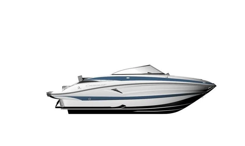 Slide: The Image of 2024 Crownline XSS Series 250 boat, side view, white and blue. - 11