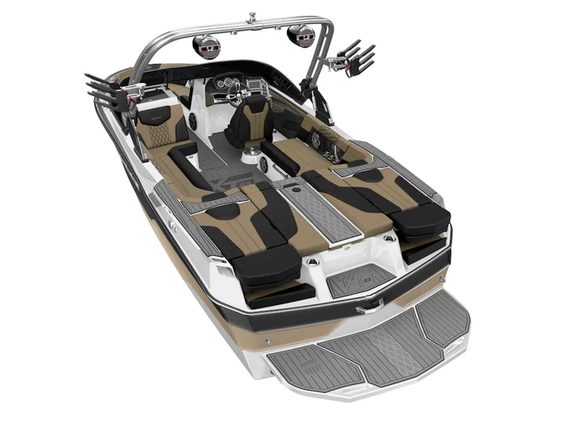 Slide: The Image of 2023 MasterCraft XT23 boat interior with tan and black seating, advanced dashboard, and wakeboard racks. - 5