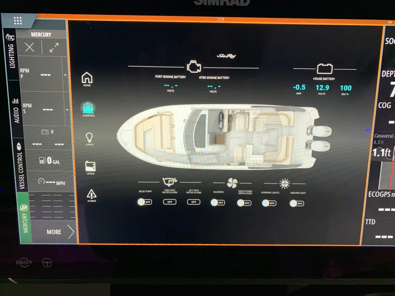 Slide: The Image of Dashboard display of 2023 Sea Ray Sundancer 370 OB boat controls and status. - 22