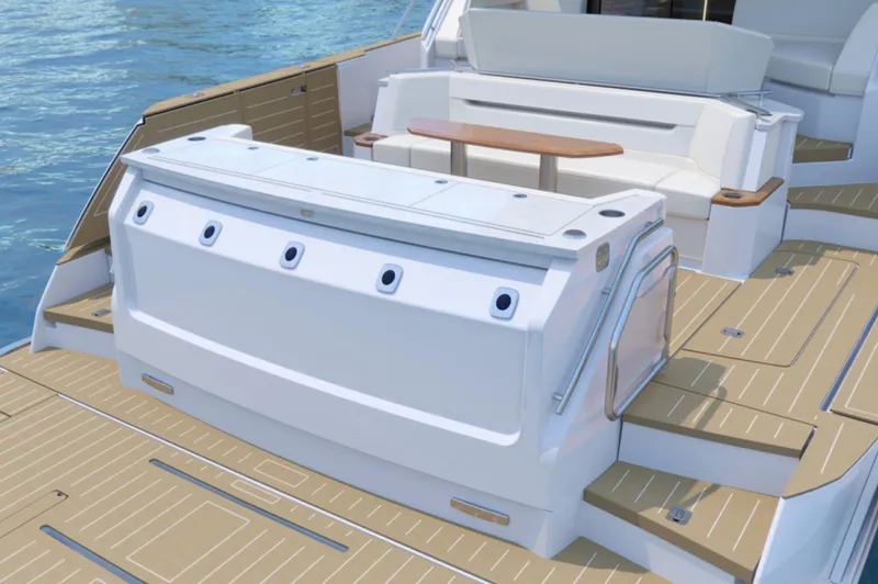 Slide: The Image of 2024 Tiara Yachts EX 60 luxury yacht deck with seating and table. - 17