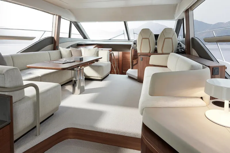 Slide: The Image of Luxurious interior of 2025 Princess F55 yacht with modern furnishings and panoramic windows. - 21
