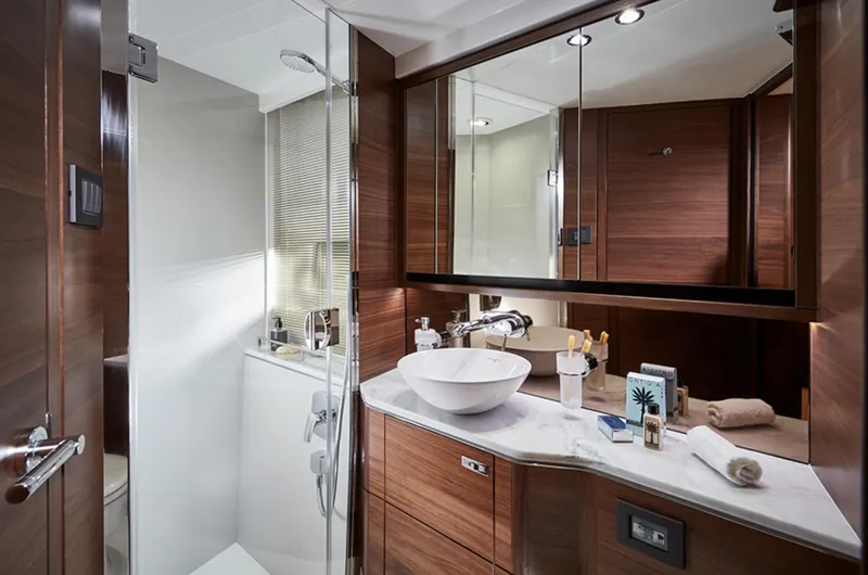 Slide: The Image of Luxurious bathroom in 2025 Princess F55 yacht with modern fixtures and wooden cabinetry. - 38