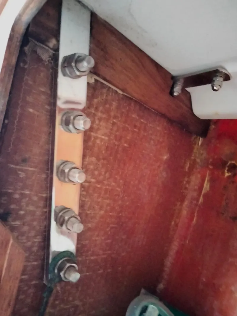 Slide: The Image of Close-up of 1989 Sabre 34 MK II sailboat's interior hull bolts and fittings. - 19