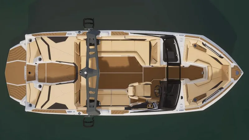 Slide: The Image of Top view of 2023 Nautique Super Air Nautique S21 boat with tan interior. - 2