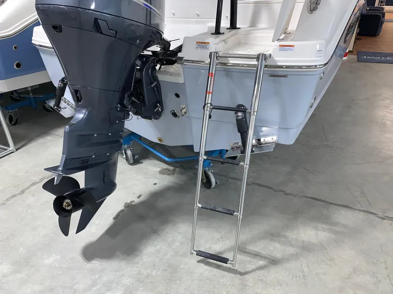 Slide: The Image of 2024 Robalo R207 Dual Console boat with outboard motor and boarding ladder. - 3