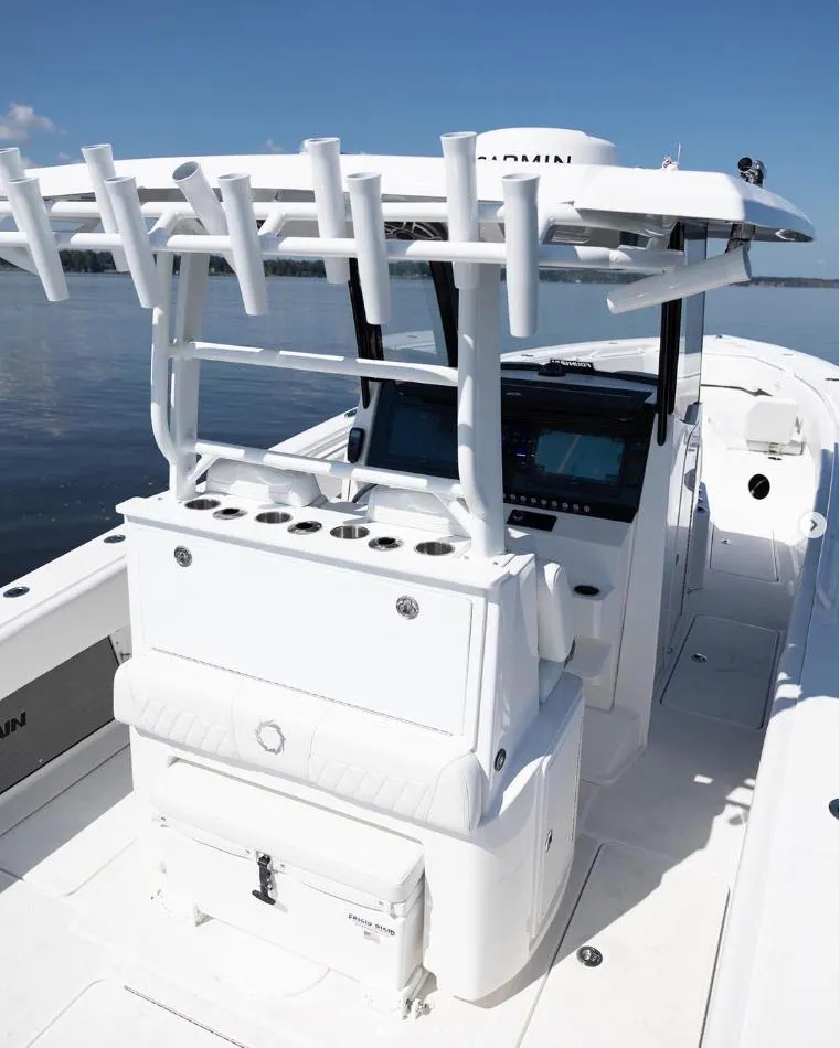 Slide: The Image of 2024 Fountain Bluewater 38 Tournament Edition boat with fishing rod holders. - 18