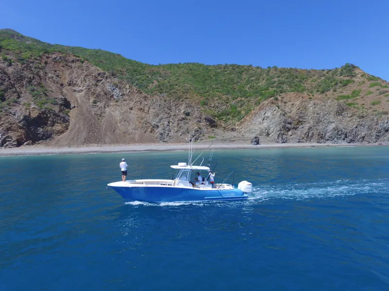 Slide: The Image of 2025 Mag Bay 33 CC boat cruising near a rocky coastline. - 45