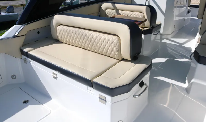 Slide: The Image of Luxurious seating on the 2023 World Cat 400DC-X boat. - 33