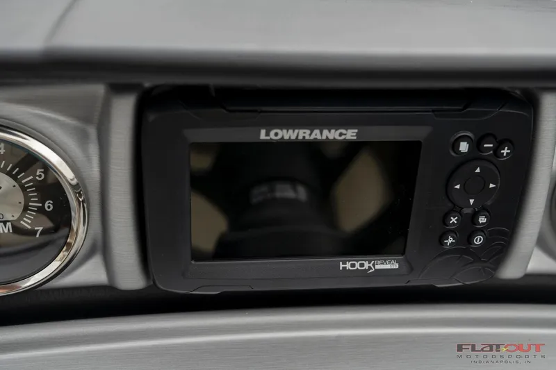 Slide: The Image of Lowrance Hook fish finder on 2023 South Bay RearSeating 200hp boat dashboard. - 14