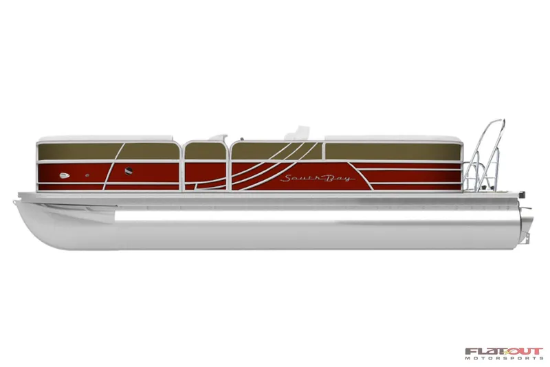 Slide: The Image of 2023 South Bay RearSeating 200hp pontoon boat, side view, red and white design. - 28