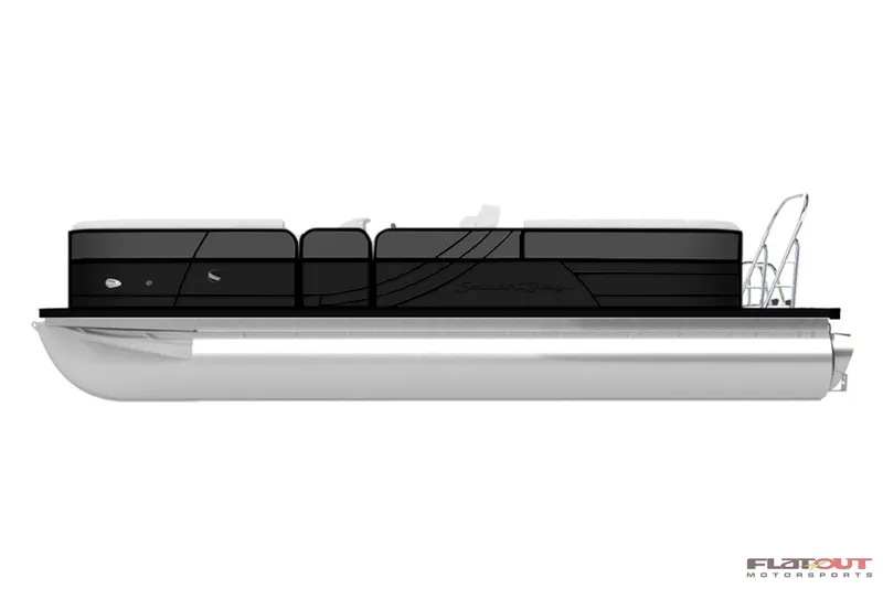 Slide: The Image of 2023 South Bay RearSeating 200hp pontoon boat, side view, black and silver design. - 3