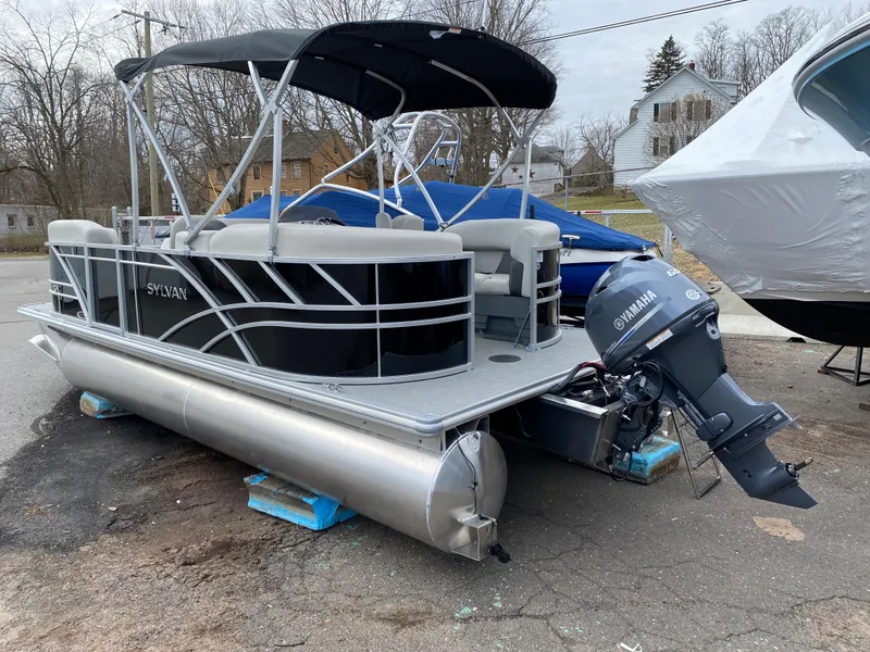 Slide: The Image of 2026 Sylvan Mirage 820 LZ pontoon boat with Yamaha outboard motor. - 1