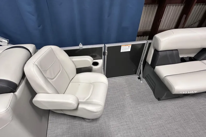 Slide: The Image of Interior of 2026 Sylvan Mirage 820 LZ pontoon boat with plush seating. - 13