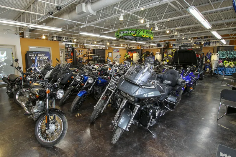 Slide: The Image of Motorcycle showroom with various models on display, including cruisers and sport bikes. - 32