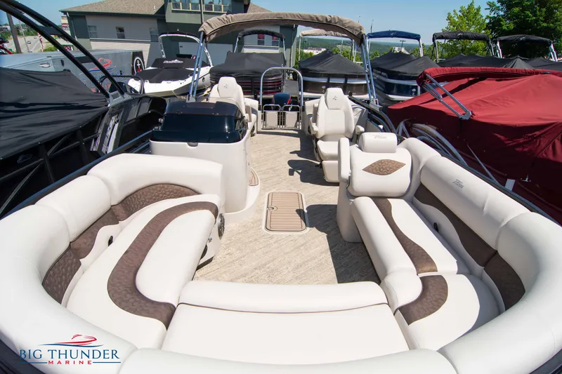 Slide: The Image of 2022 JC SunLounger 25 TT Sport pontoon boat interior with spacious seating. - 10