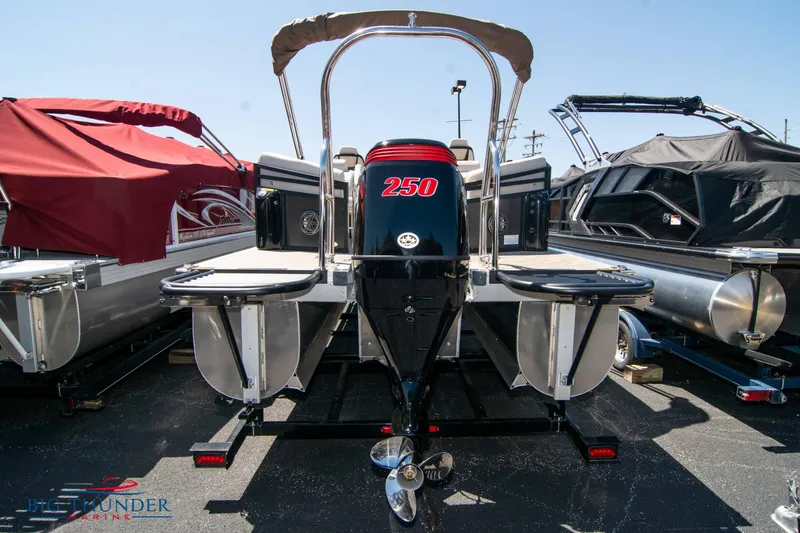 Slide: The Image of 2022 JC SunLounger 25 TT Sport pontoon boat with 250 HP engine, rear view. - 4