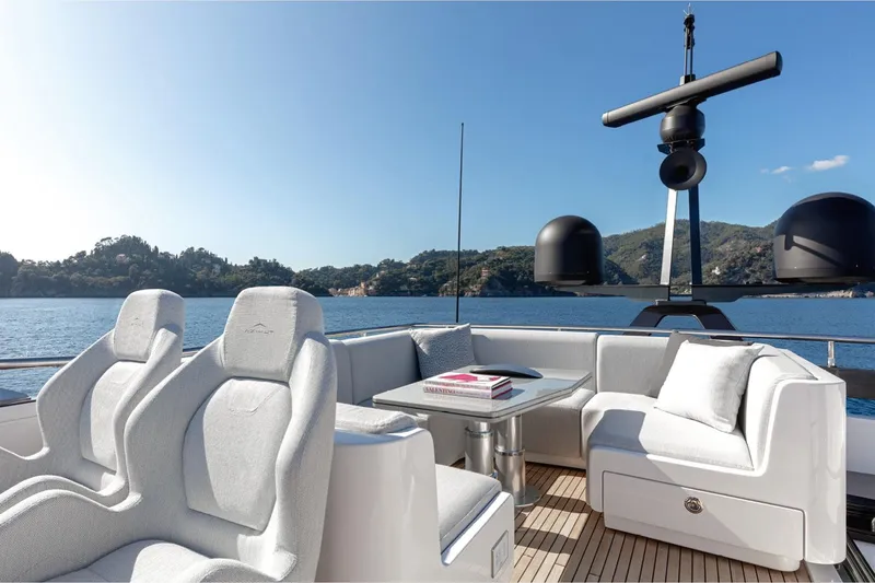 Slide: The Image of Luxurious 2022 Azimut S8 yacht deck with elegant seating and scenic ocean view. - 13