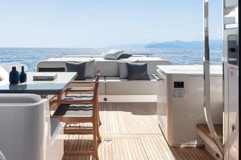 Slide: The Image of Luxurious 2022 Azimut S8 yacht deck with elegant seating and ocean view. - 21