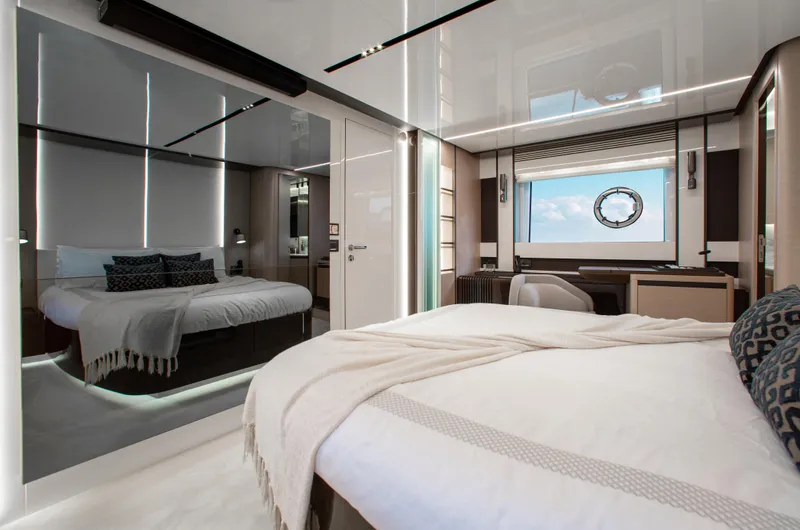 Slide: The Image of Luxurious interior of 2022 Azimut S8 yacht, featuring elegant bedroom and modern design. - 35