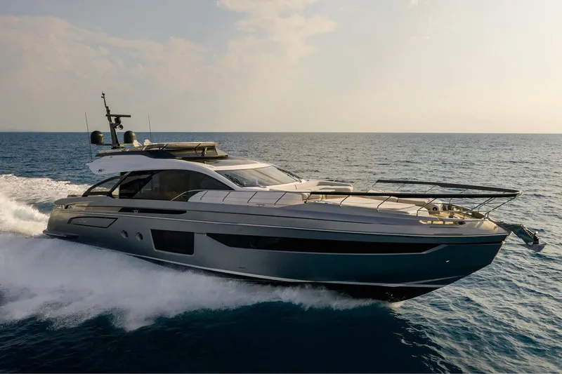 Slide: The Image of Luxurious 2022 Azimut S8 yacht cruising on open sea at sunset. - 4