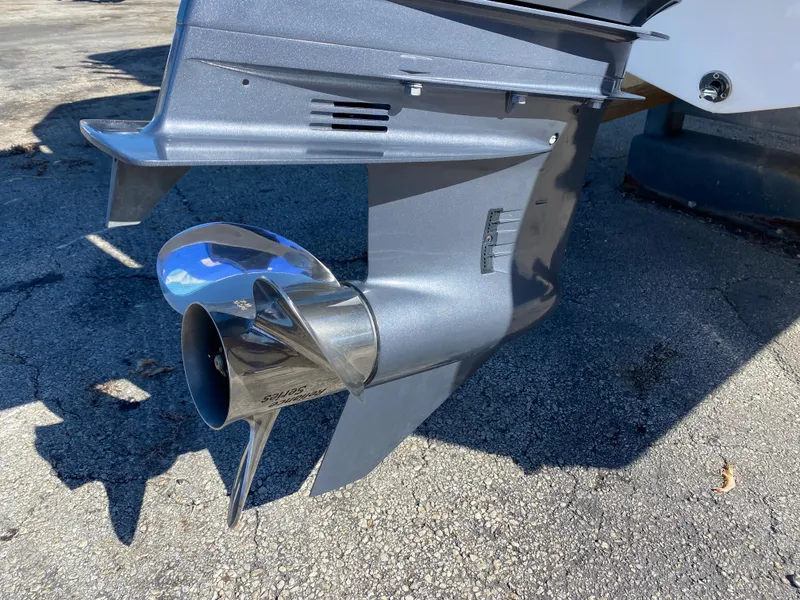 Slide: The Image of Close-up of 2021 Tidewater 210 LXF boat propeller and lower unit. - 9