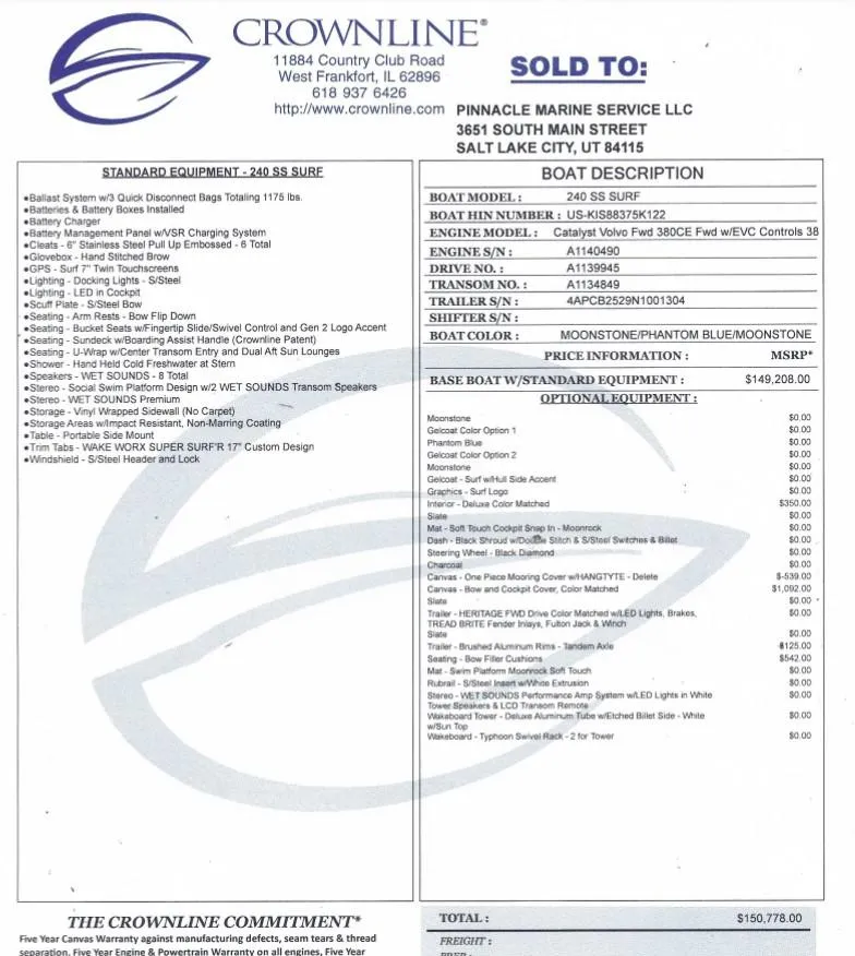 Slide: The Image of Crownline 240 SS 2022 boat invoice with standard and optional equipment details. - 11
