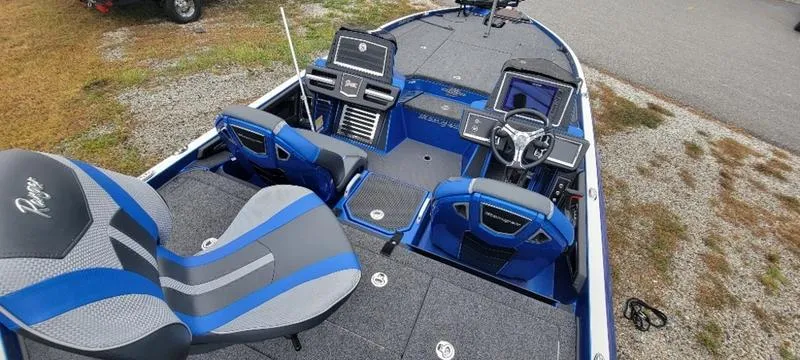 Slide: The Image of 2023 Ranger Z 521 RC boat interior with blue and gray seating and advanced controls. - 9