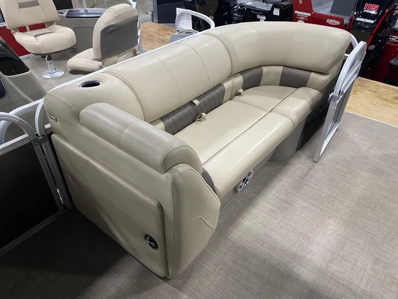 Slide: The Image of 2023 Sun Tracker Party Barge 20 DLX interior seating, beige upholstery, spacious and comfortable design. - 4