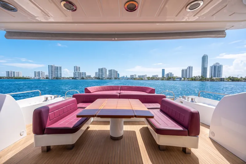 Slide: The Image of Luxurious Sunseeker Predator 84 yacht deck with city skyline view, 2013 model. - 13