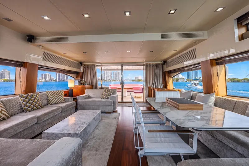 Slide: The Image of Luxurious interior of 2013 Sunseeker Predator 84 yacht with elegant seating and waterfront views. - 30