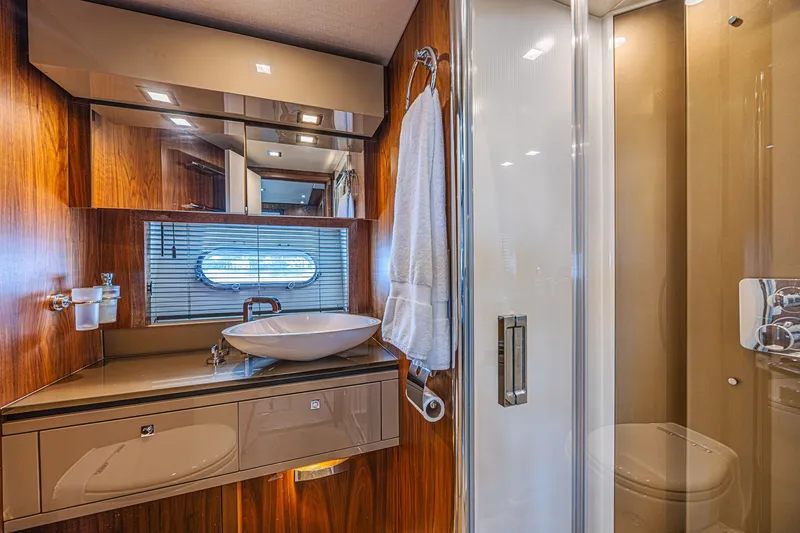 Slide: The Image of Luxurious bathroom interior of 2013 Sunseeker Predator 84 yacht with modern fixtures. - 53