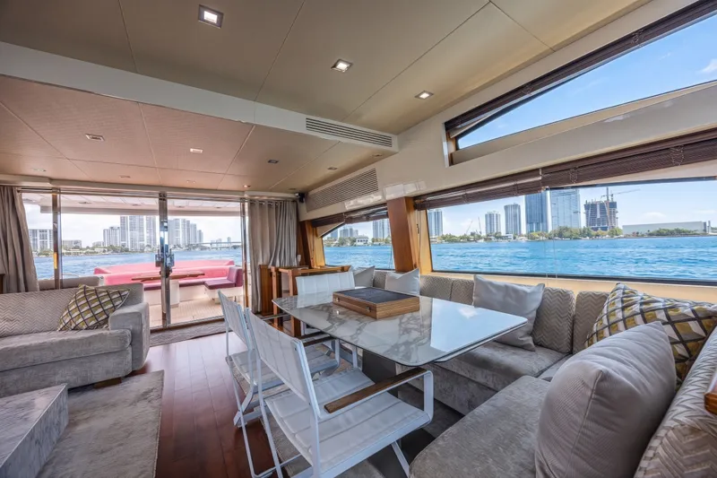 Slide: The Image of Luxurious interior of 2013 Sunseeker Predator 84 yacht with city skyline view. - 58