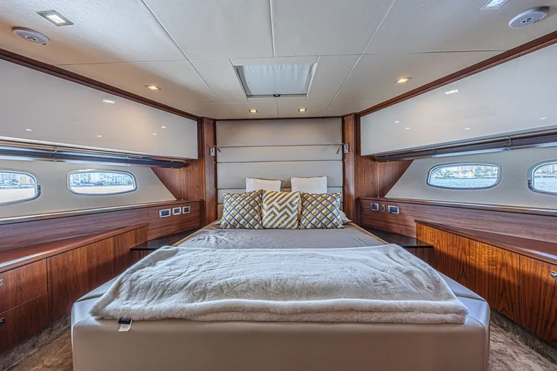 Slide: The Image of Luxurious bedroom interior of 2013 Sunseeker Predator 84 yacht with elegant wood finish. - 50