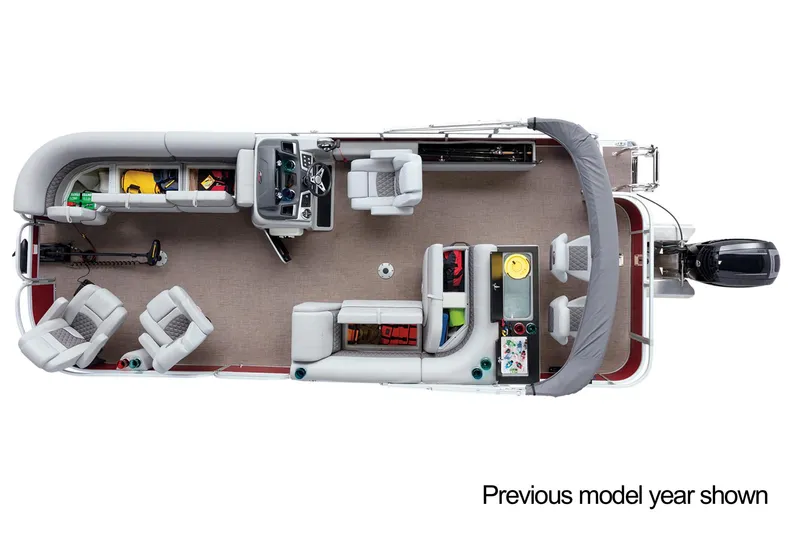 Slide: The Image of 2023 Ranger Reata 220FC pontoon boat on a trailer, featuring beige seating. - 2