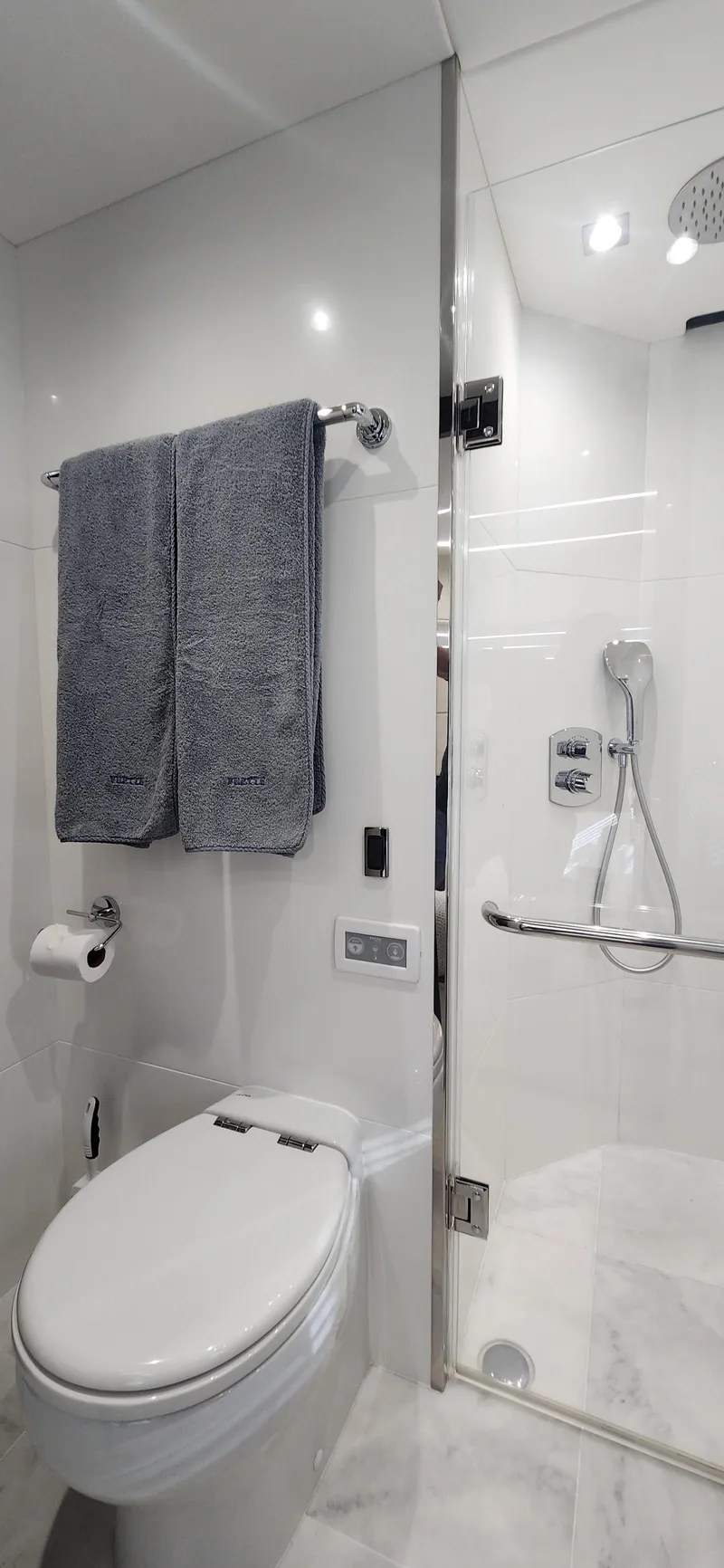 Slide: The Image of Modern bathroom in 2020 Sunseeker Predator 74 XPS yacht with shower and toilet. - 21
