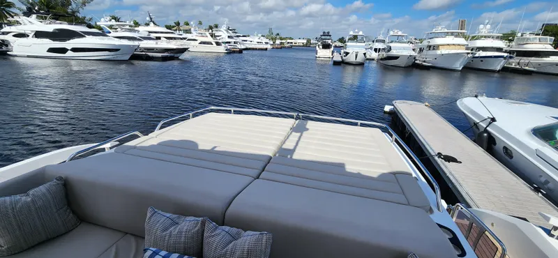 Slide: The Image of Sunseeker Predator 74 XPS 2020 yacht at marina with luxurious seating and scenic water view. - 45