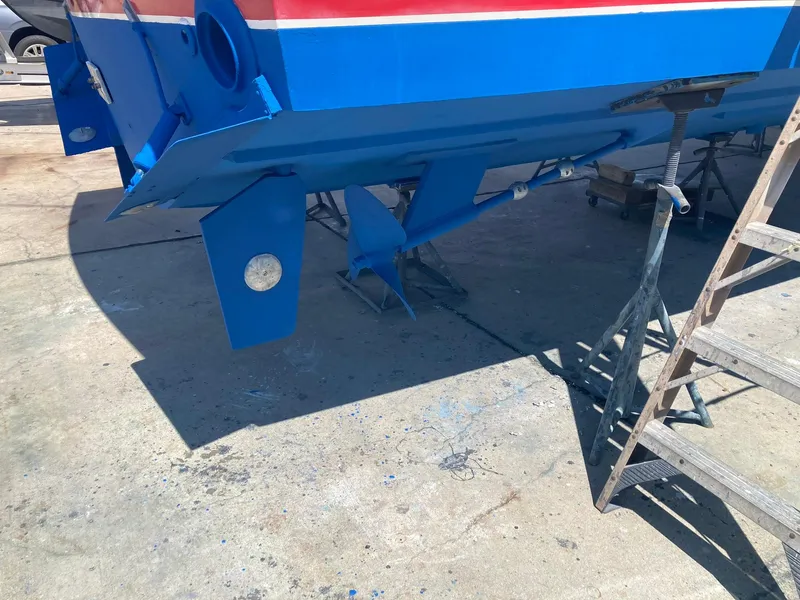 Slide: The Image of 1975 Custom 36 Matlack Tournament SF boat hull on dry dock. - 6