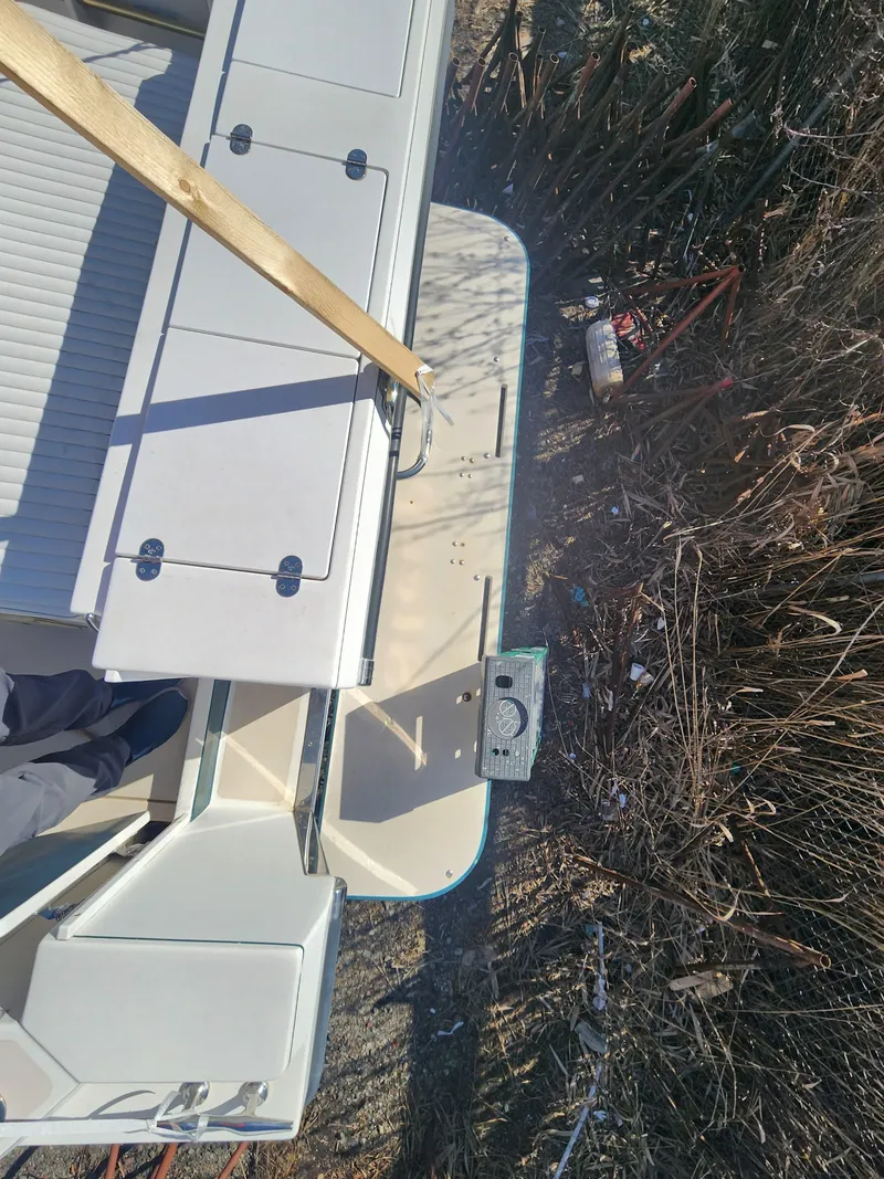 Slide: The Image of 2005 Albin 28 boat deck with wooden support, surrounded by dry reeds. - 13