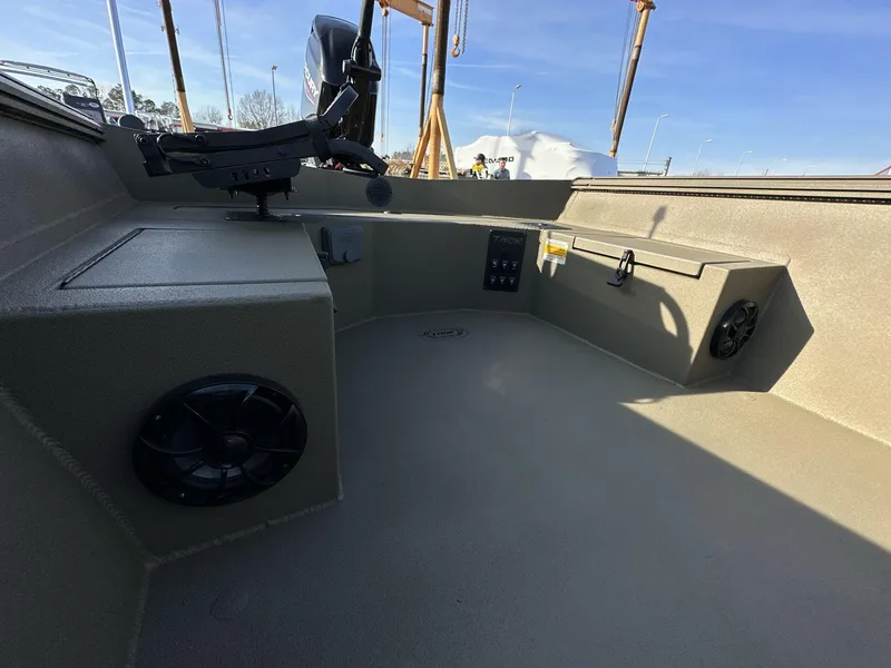 Slide: The Image of 2023 Thor Lake Hammer Elite boat interior with control panel and speakers. - 6