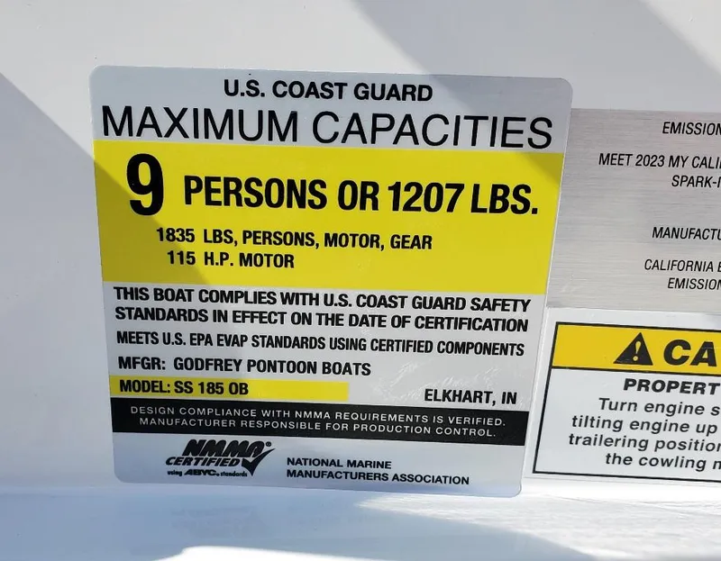 Slide: The Image of 2023 Hurricane SS185 Deck Boat capacity label: 9 persons or 1207 lbs, 115 HP motor. - 10