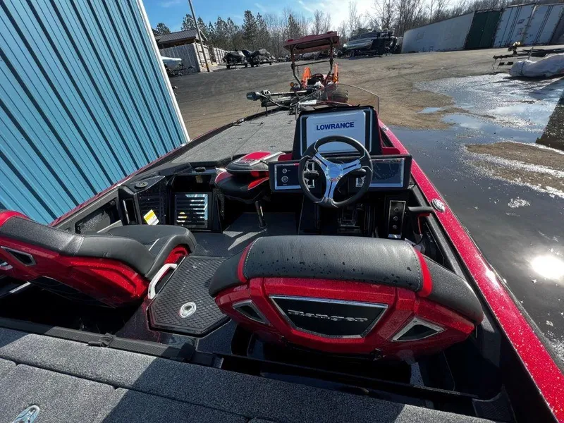 Slide: The Image of 2023 Ranger Z520R Ranger Cup Equipped boat interior with red seats and Lowrance electronics. - 10