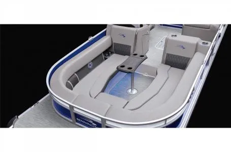 Slide: The Image of 2023 Bennington 23 LXSB pontoon boat with spacious seating and table. - 8