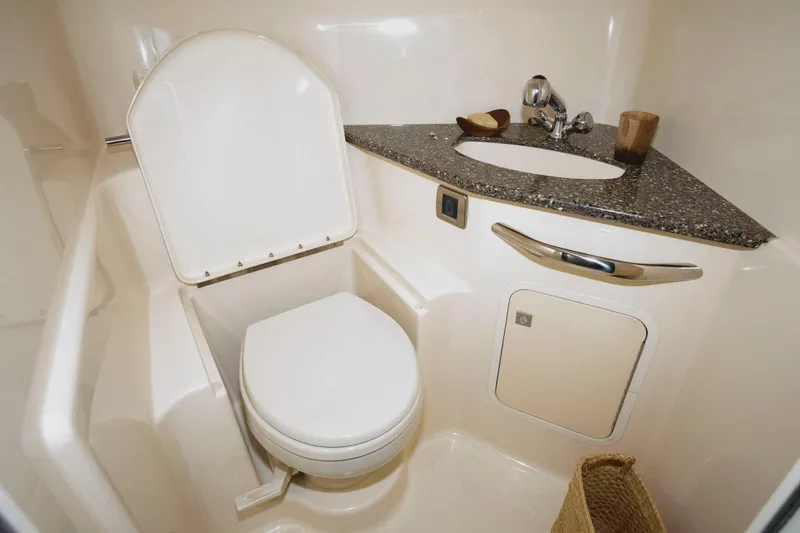 Slide: The Image of 2008 Sea Ray 44 Sundancer bathroom with toilet and sink, featuring modern design and amenities. - 23