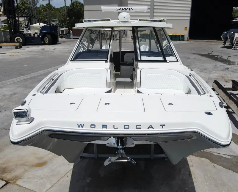 Slide: The Image of 2021 World Cat 400 DC-X boat at dock, rear view. - 4