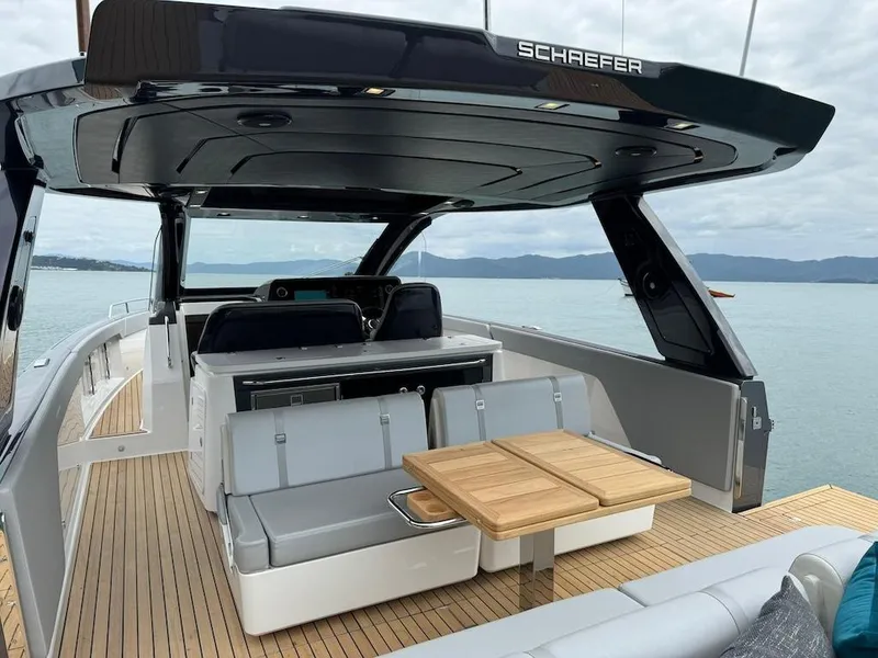 Slide: The Image of Luxury Schaefer V44 yacht 2025 model, featuring sleek design and spacious deck. - 16