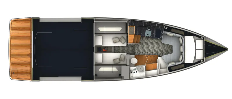 Slide: The Image of Top view of 2025 Schaefer V44 yacht interior layout with bedrooms, kitchen, and living area. - 29