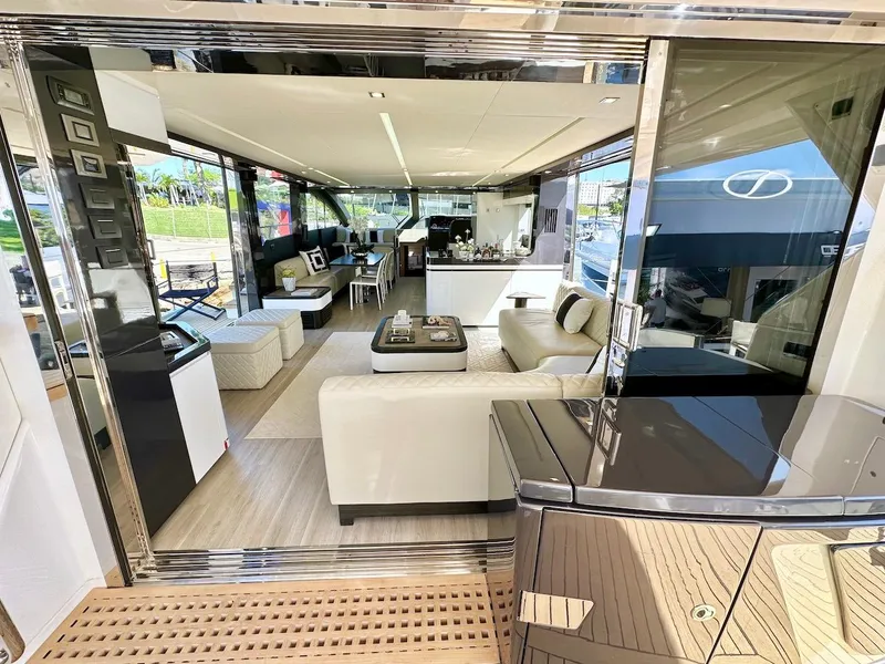 Slide: The Image of Luxurious interior of 2025 Schaefer 770 yacht with modern furnishings and open layout. - 14
